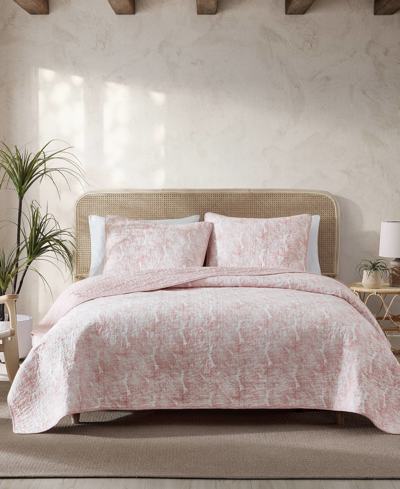Tommy Bahama Home Distressed Water Leaves Cotton Reversible 3 Piece Quilt Set, King In Rose Coral