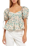 English Factory Floral Puff Sleeve Cotton Top In Green Multi