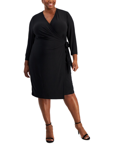 Anne Klein Plus Size Ity Classic Wrap Style Dress In Anne Black