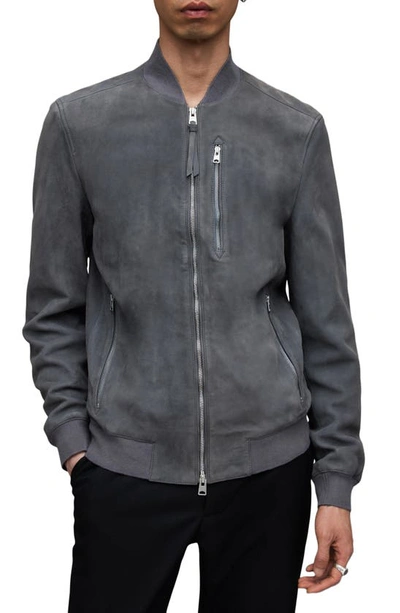 Allsaints Kemble Suede Bomber Jacket In Wind Grey