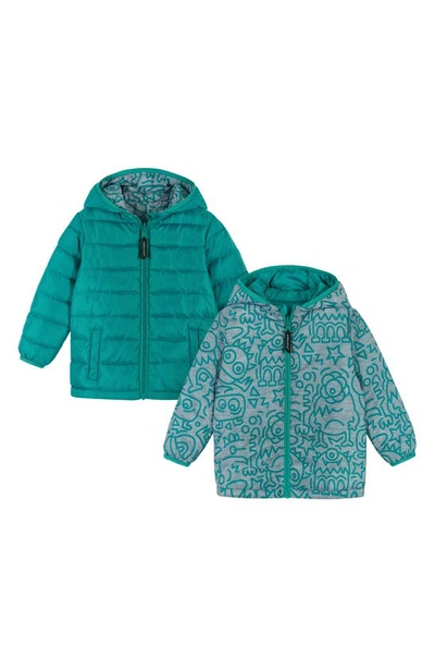 Andy & Evan Kids' Boy's Monsters-print Reversible Puffer Jacket In Turquoise,aqua