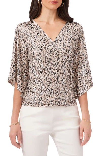 Chaus Foil Flutter Sleeve Top In Taupe/ Ivory/ Black