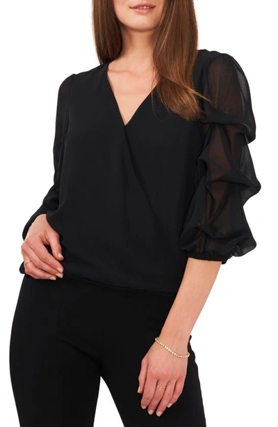 Chaus Cascading Bubble Sleeve Chiffon Top In Black