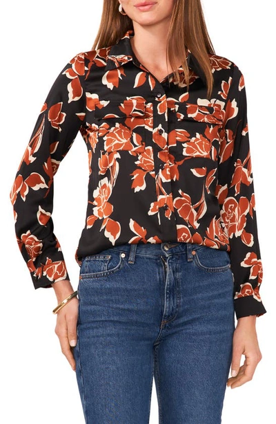 Chaus Floral Print Button-up Utility Shirt In Rich Black