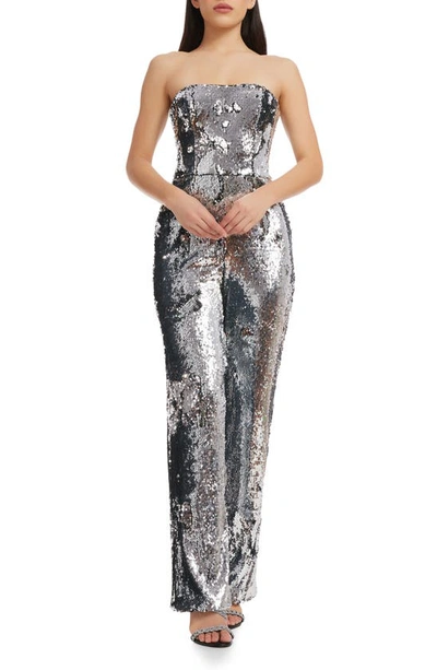 Dress The Population Andy Sequin Strapless Jumpsuit In Silver