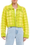 English Factory Houndstooth Cropped Cardigan Sweater In Lime/yellow