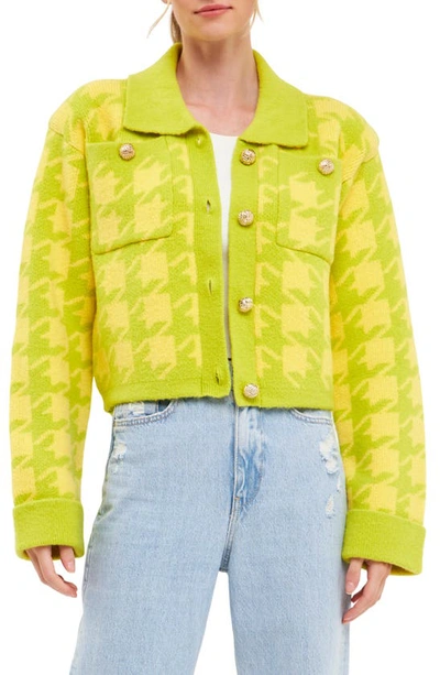 English Factory Houndstooth Cropped Cardigan Sweater In Lime/ Yellow