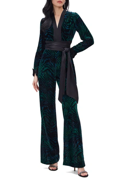 Diane Von Furstenberg Vegas Tiger Print Long Sleeve Velvet Jumpsuit In Green