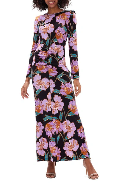 Diane Von Furstenberg Madge Floral Padded Shoulder Long Sleeve Maxi Dress In Lilac