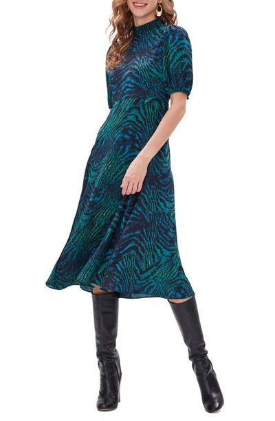 Diane Von Furstenberg Nella Tiger Print Mock Neck Midi Dress In Light Blue