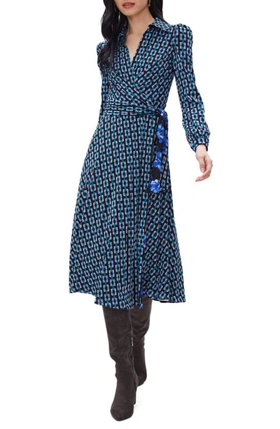 Diane Von Furstenberg Shannon Reversible Long Sleeve Knit Wrap Dress In Ch Geo Mt/psy Bls