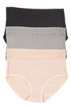 Felina Serene 3-pack Lace Trim Briefs In Black/ Gull/ Peach Blush