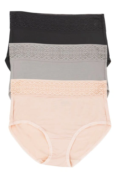 Felina Serene 3-pack Lace Trim Briefs In Black/ Gull/ Peach Blush