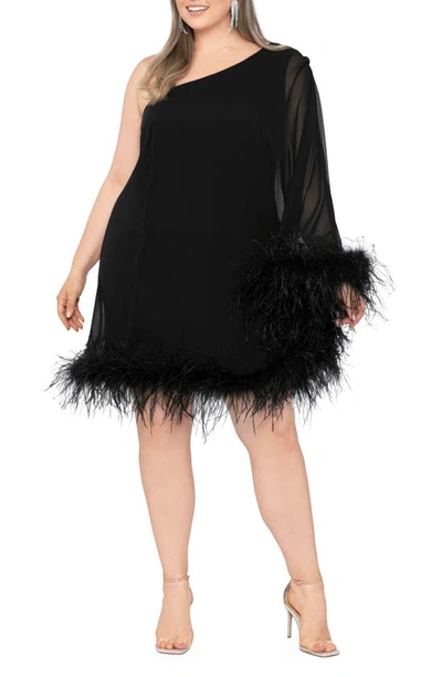 Betsy & Adam Feather Trim Single Long Sleeve Cocktail Dress In Black |  ModeSens