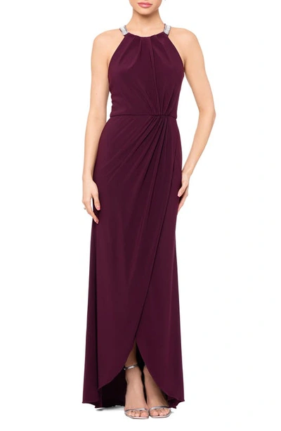 Betsy & Adam Rhinestone Tulip Hem Gown In Wine