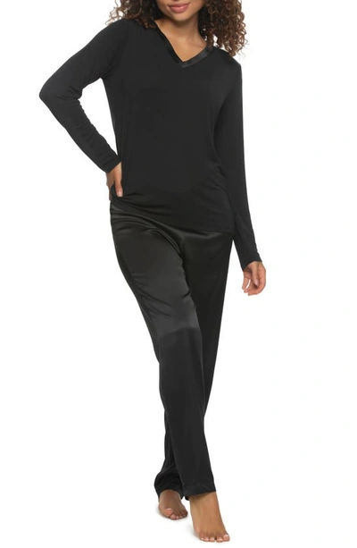 Felina Elysees Satin & Jersey Pyjamas In Black
