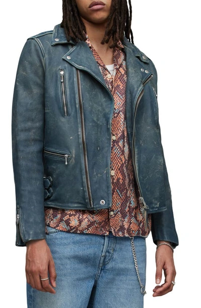 Allsaints Ark Leather Biker Jacket In Jade Blue