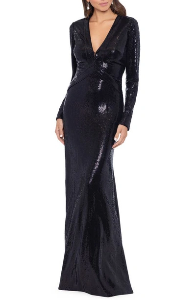 Betsy & Adam Shimmer Open Back Long Sleeve Gown In Black