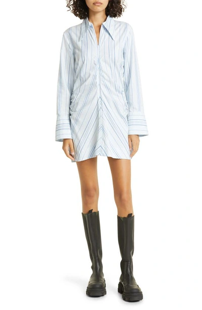 Ganni Striped Twill Fitted Zip-front Tunic Dress In Blue