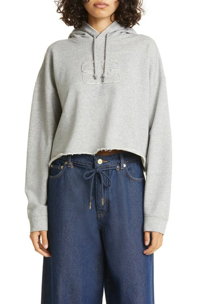Ganni Isoli Cropped Oversized Cotton Hoodie In Grey