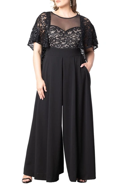 Kiyonna Sequin Lace Cape Jumpsuit In Black Beige