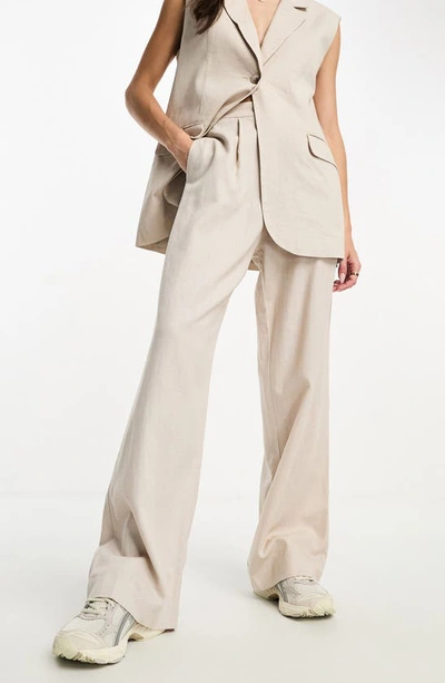 Asos Design Pleated Wide Leg Look Suit Pants In Natural-neutral