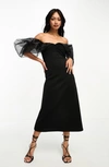 ASOS DESIGN OFF THE SHOULDER ORGANZA PUFF SLEEVE COCKTAIL MIDI DRESS