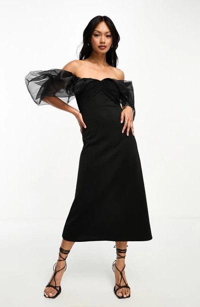 Asos Design Off Shoulder Organza Puff Sleeve Soft Line Midi Dress In Black