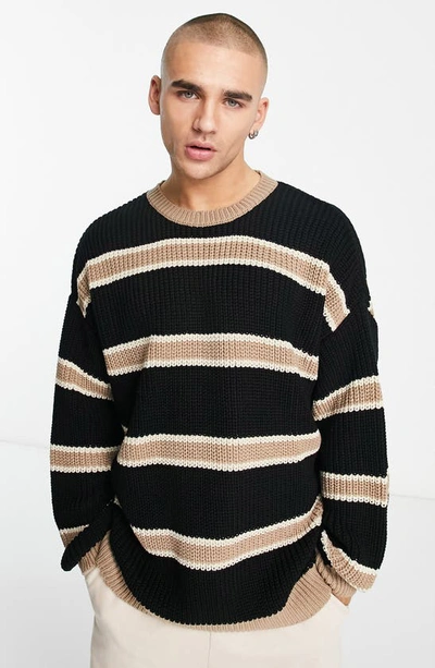 Asos Design Super Oversized Knit Sweater In Beige And Black Stripe In Orange