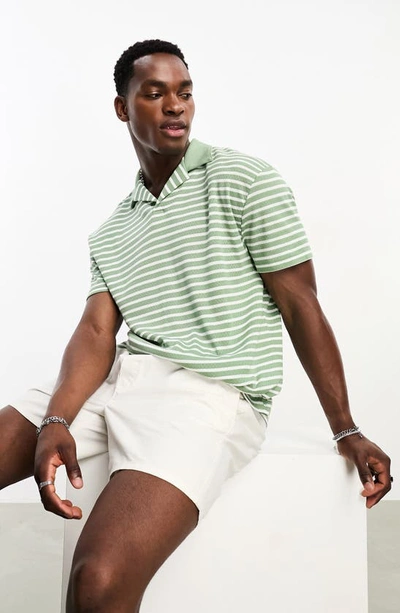 Asos Design Relaxed Camp Collar Polo Shirt In Green Textured Stripe