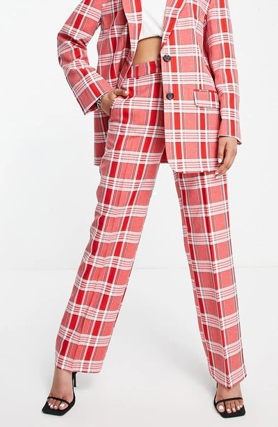 Asos Design Slim Fit Plaid Straight Leg Suit Trousers In Red