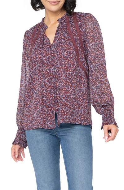 Gibsonlook Floral Long Sleeve Button-up Blouse In Berry/ Denim Ditsy