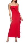 Marina Cascade Ruffle Off The Shoulder Gown In Red