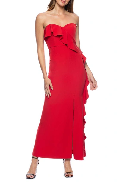 Marina Cascade Ruffle Off The Shoulder Gown In Red