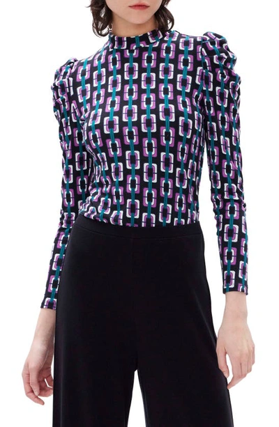 Diane Von Furstenberg Doha Print Puff Shoulder Mock Neck Top In Black