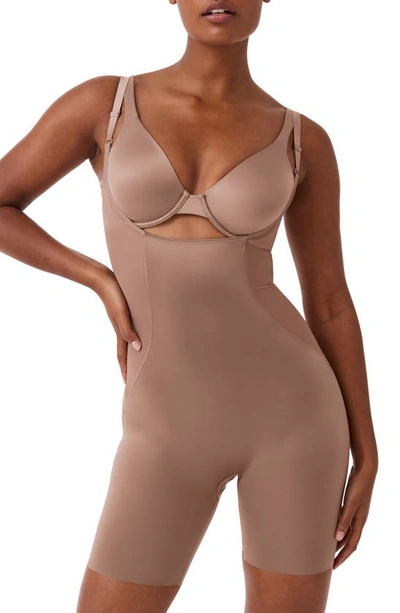 Spanx Open Bust Mid Thigh Bodysuit In Cafe Au Lait