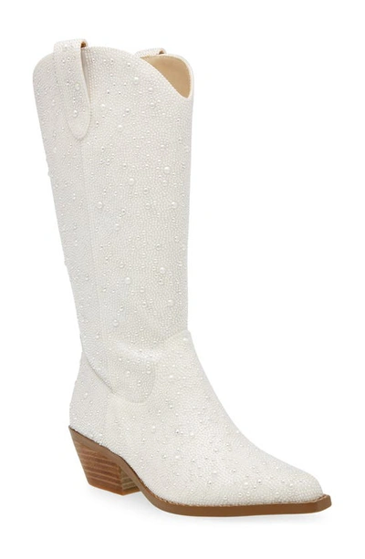 Betsey Johnson Dalas Embellished Western Boot In Pearl Satin