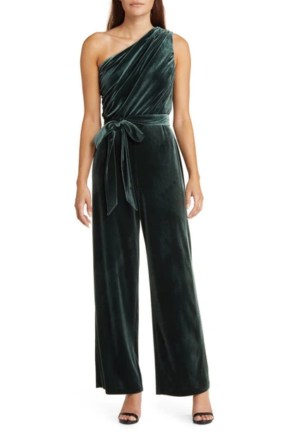 Anne Klein One-shoulder Velvet Jumpsuit In Green