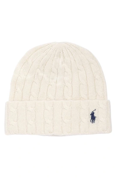 Polo Ralph Lauren Embroidered-logo Cable-knit Beanie In Cream