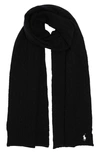 Polo Ralph Lauren Logo Embroidered Wool & Cashmere Cable Stitch Scarf In Black