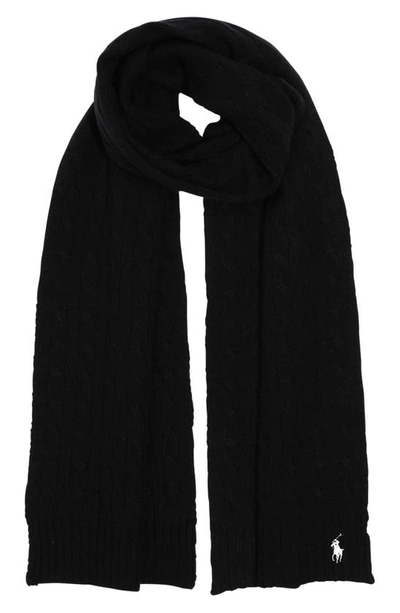 Polo Ralph Lauren Logo Embroidered Wool & Cashmere Cable Stitch Scarf In Black