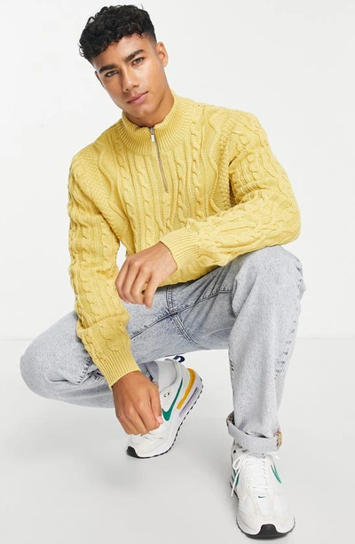 Asos Design Heavyweight Cable Knit Half Zip Sweater In Mustard-yellow