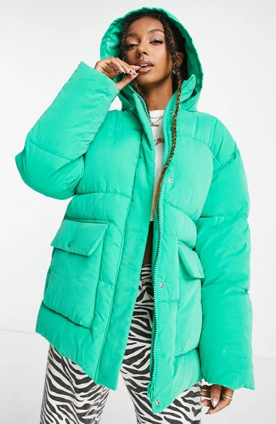Asos Design Peached Hooded Puffer Jacket In Green
