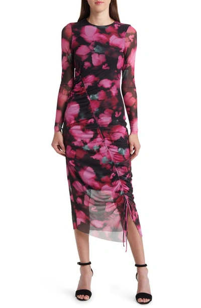 Ted Baker Womens Pink Lilzaan Floral-print Ruched Stretch-woven Midi Dress