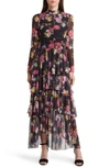 Ted Baker Tiloula Floral Ruched Long Sleeve Tiered Midi Dress In Black
