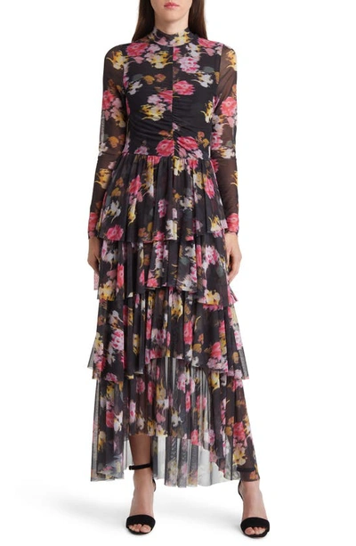 Ted Baker Tiloula Floral Ruched Long Sleeve Tiered Midi Dress In Black