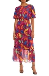 Donna Morgan For Maggy Floral Tiered Puff Sleeve Tie Waist Dress In Ripe Plum/ Azalea