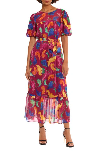 Donna Morgan For Maggy Floral Tiered Puff Sleeve Tie Waist Dress In Ripe Plum/ Azalea