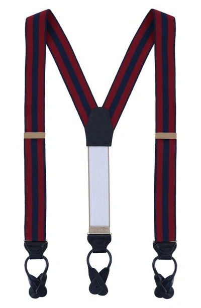 Trafalgar Balint Stripe Grosgrain Suspenders In Burgundy And Navy