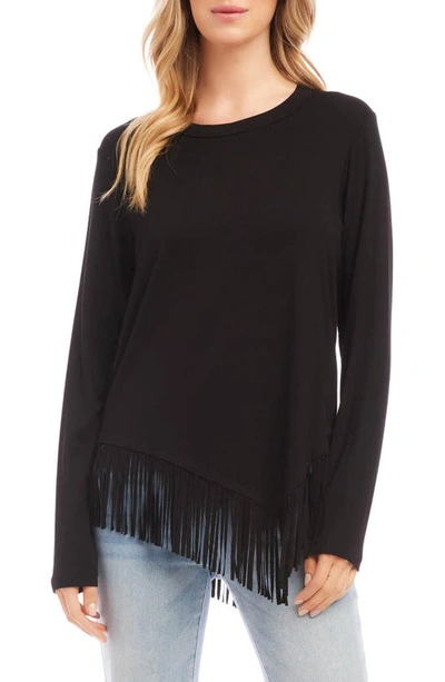 Karen Kane Asymmetric Fringe Jersey Top In Black